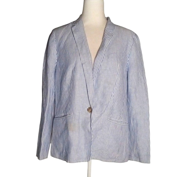 Talbots Blue White Breton Stripe Linen Cotton Blend Single Button Blazer Size 12 - Picture 1 of 8